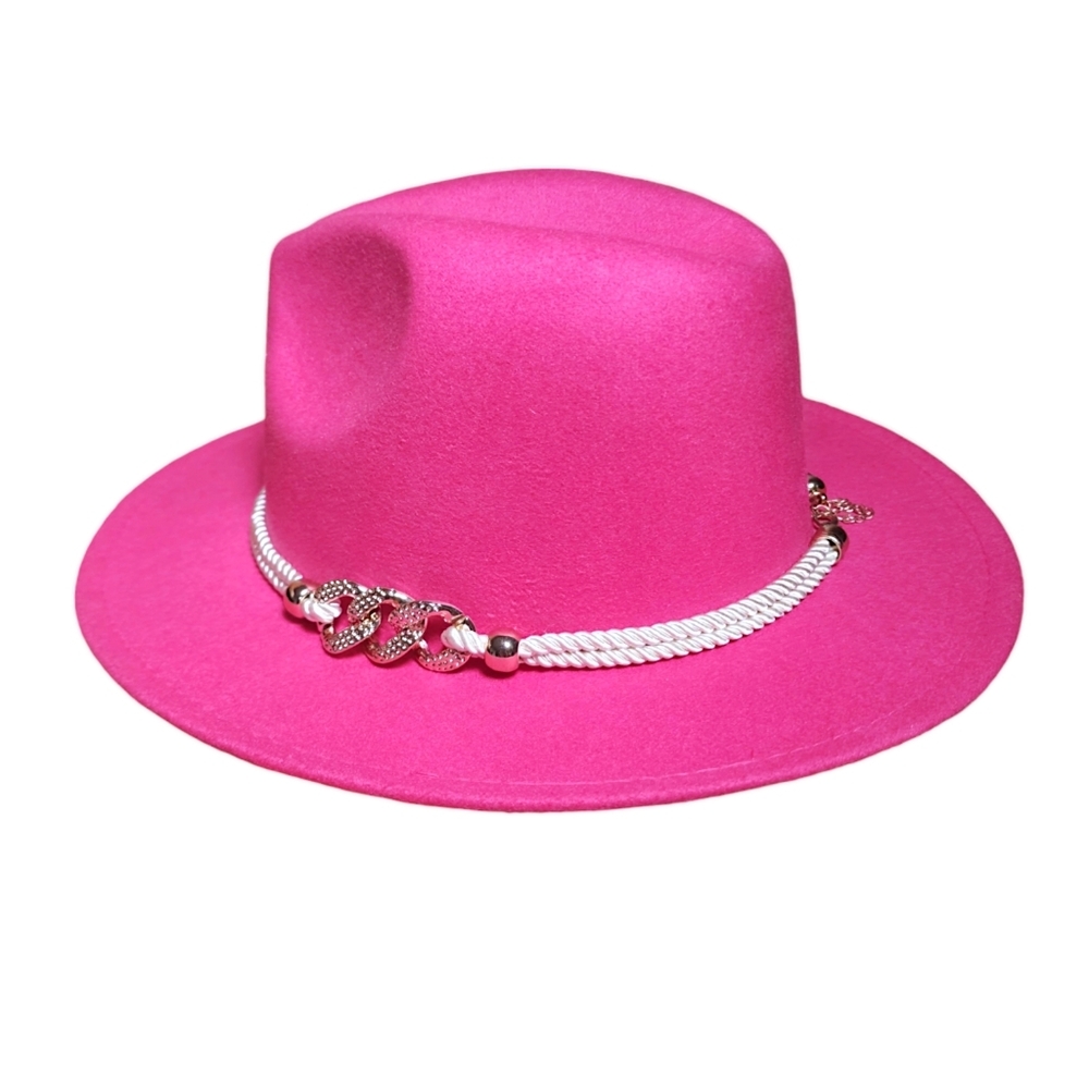 Lady Fashion Wide Brim Felt Fedora Hat Gold Chain Hot Pink Adjustable